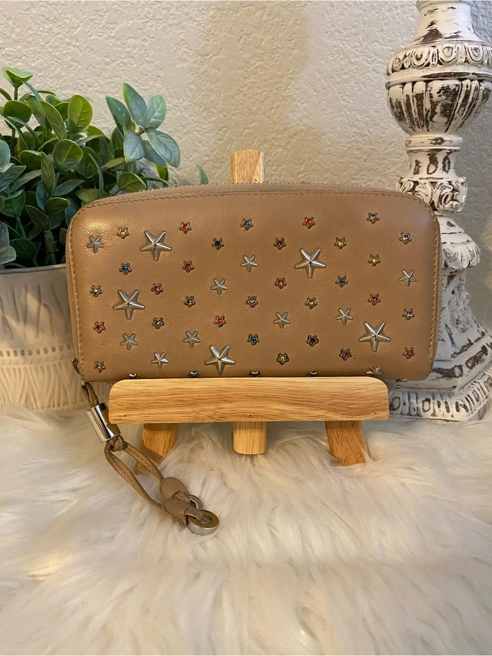 Jimmy Choo Filipa Studded Star Wristlet Zip Wallet - Tan